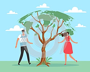 Sustainable development of ecological map of world. Responsible resource consumption, saving planet, man and woman near tree, eco