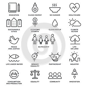 Sustainable Development Goals and Sustainable Living Implementation Concept Line Art Vector Icons