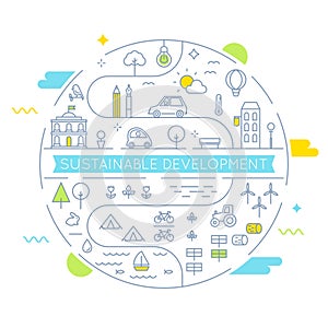 Sustainable Development and Sustainable Living Implementation Concept Line Art Vector Illustration