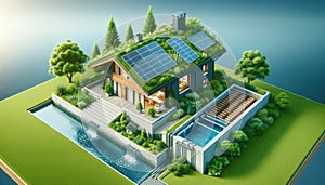 Sustainable eco-friendly house with green roof and solar panels