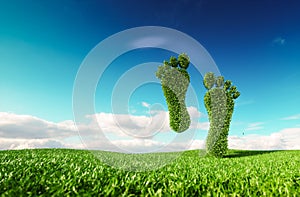 Sustainable eco friendly lifestile concept. 3d rendering of a footprint icon on fresh spring meadow with blue sky in background.