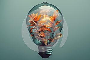 Sustainable energy captured with a bright bulb in green leaves, Ai generative