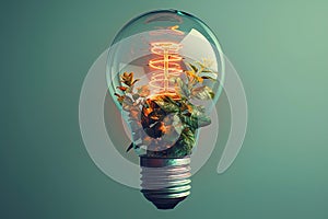 Sustainable energy captured with a bright bulb in green leaves, Ai generative