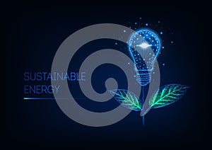 Sustainable energy concept. Futuristic glowing low poly flower made of light bulb and green leaves.