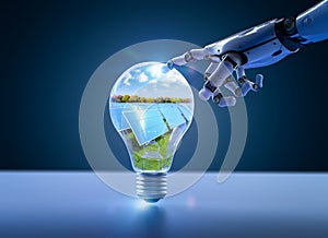 Sustainable energy development through smart technology with robot with solar panel in idea light bulb