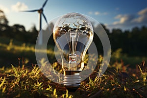 Sustainable energy, lightbulb with solar panel and wind turbine amidst nature\'s soil