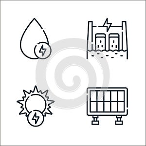 sustainable energy line icons. linear set. quality vector line set such as solar panel, sun energy, dam