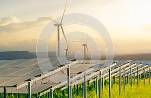 Sustainable energy. Solar and wind turbines farm. Sustainable resources. Solar, wind power. Renewable energy. Sustainable