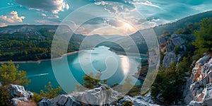 Sustainable Energy Solutions: Scenic Landscape Featuring Hydroelectric and Solar Power Generation. photo