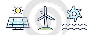 Sustainable energy sources line icons. Solar panel, windmill, water power.