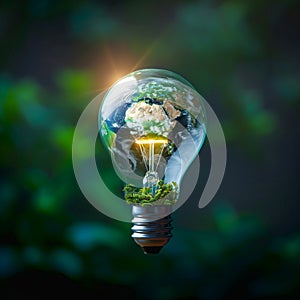 Sustainable enlightenment Green energy concept with world map on light bulb