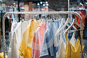 Sustainable fashion, slow fashion. Close Up Shot of Clothing Rack with linen natural clothes