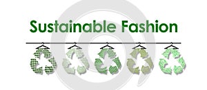 Sustainable fashion text with recycle clothes icons on hanger