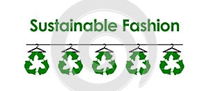 Sustainable fashion text with recycle clothes icons on hanger