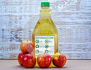 Sustainable food, ethical eco food labels on bottle of apple juice