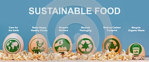 Sustainable food labels and icons on eggs