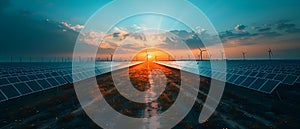 Sustainable Future: Solar and Wind Power at Sunset. Concept Renewable Energy, Sustainable Living,
