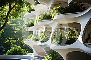 Sustainable futuristic building with green plants on exterior wall