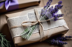 Sustainable gift wrapping in craft paper decorated with recycled newspaper, twine, and a sprig of dried lavender