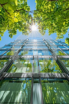 Sustainable glass office building with tree in eco urban setting reducing carbon dioxide emissions