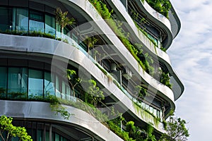 Sustainable green building. Eco-friendly building. Sustainable glass building with vertical garden reducing carbon dioxide. Green