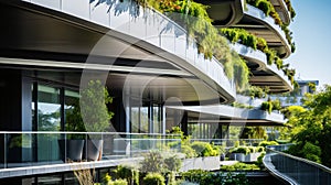 Sustainable green building. Eco-friendly building. Sustainable glass office building with garden on balconies. Office with green