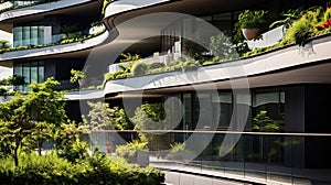 Sustainable green building. Eco-friendly building. Sustainable glass office building with garden on balconies. Office with green