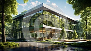 Sustainable green building. Eco-friendly building. Sustainable glass office building with tree for reducing carbon