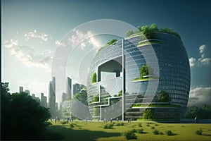 Sustainable green city with futuristic office building and architecture