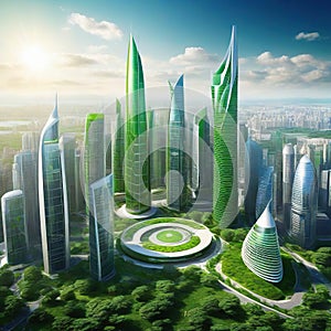 Sustainable Green City With Futuristic Office Building And Architecture Sublime Image