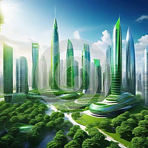 Sustainable Green City With Futuristic Office Building And Architecture Sublime Image