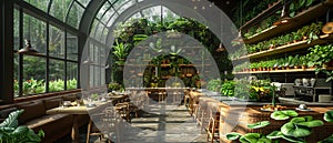 Sustainable greenhouse cafe with edible plants growing alongside dining tables.