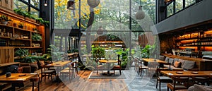 Sustainable greenhouse cafe with edible plants growing alongside dining tables.