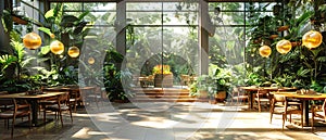 Sustainable greenhouse cafe with edible plants growing alongside dining tables.