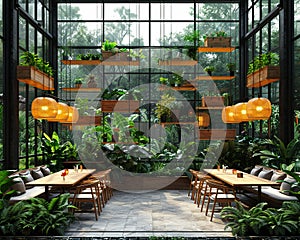 Sustainable greenhouse cafe with edible plants growing alongside dining tables.3D render