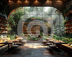 Sustainable greenhouse cafe with edible plants growing alongside dining tables.3D render