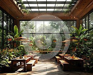 Sustainable greenhouse cafe with edible plants growing alongside dining tables.3D render