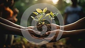 Sustainable Growth. Hands nurturing small plant in fertile soil, eco-awareness concept