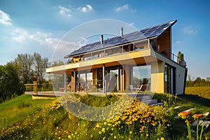 Sustainable house with photovoltaic solar panels. Generative AI illustration photo