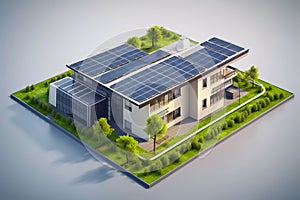 Sustainable house with photovoltaic solar panels. Generative AI illustration photo