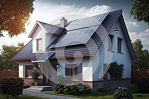 Sustainable House with Solar Panels on the Roof Generative Ai