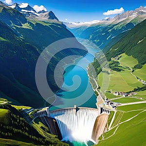 Sustainable hydroelectricity renewable energy to limit aerial and summer are all produced by a dam and reservoir lake in