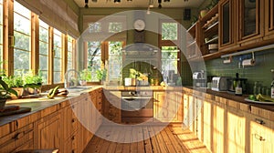 Sustainable kitchen with bamboo tops, efficient devices, built-in recycle bins, and natural lighting