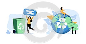 Sustainable lifestyle set. People collecting plastic trash into recycling garbage bin, trying to save planet earth.