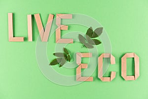 Sustainable lifestyle and zero waste concept. Text LIVE ECO made with kraft paper letters