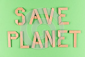 Sustainable lifestyle and zero waste concept. Text SAVE PLANET made with kraft paper letters