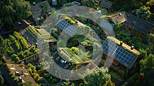 Sustainable Living Community With Solar Panels and Green Roofs at Dusk, AI Generated