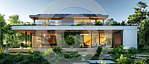 Sustainable Living: A Modern Eco-Friendly House with Solar Panels and Green Energy Technology amid