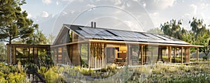 Sustainable living in a modern, eco-friendly wooden house with solar panels, nestled in a lush garden environment with panoramic