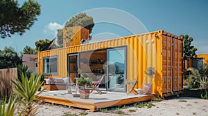 Sustainable Living: Modern Shipping Container Tiny House in Sunny Day - Eco-Friendly Accommodation or Holiday Home